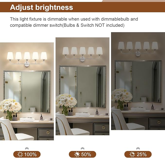 Bathroom Vanity Light, Brushed Nickel Bathroom Light Fixtures, 5-Light Lighting Fixtures Over Mirror, Modern Wall Sconce with Flared White Fabric Shade, E26 Socket(ETL Listed)