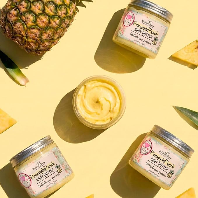 Bella & Bear Pineapple Whipped Body Butter – Vegan Moisturizing Body Cream for Women – Rich Hydrating Skin Butter – Light Tropical Pineapple Scent