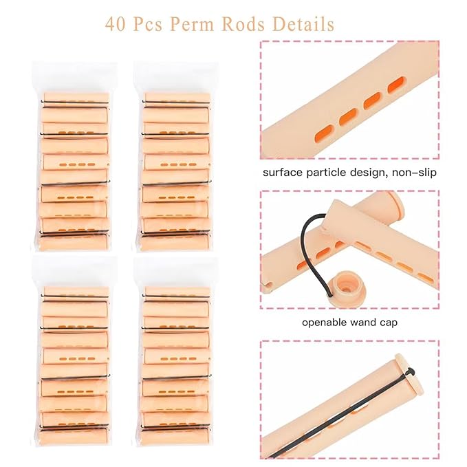 40Pcs Perm Rods Set - Plastic Cold Wave Rollers Non-Slip Hair Curlers for Long, Medium, Short Heatless Perming and Hairdressing (Yellow)