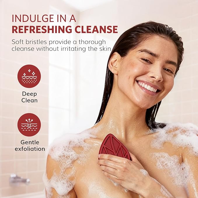 Sndyi Silicone Body Scrubber, Leaf-Shaped Shower Brush for Gentle Cleanse & Exfoliation, Soft Silicone Loofah Body Brush for Sensitive Skin, Romantic Gift for Her/Him, Festive Red