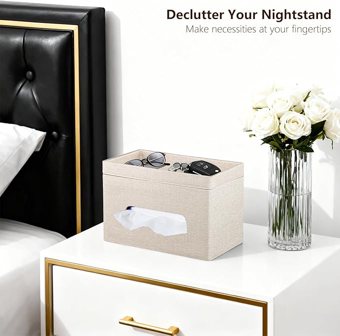 Fanousy Large Tissue Box Cover Rectangle with Tray on Top, PU Leather Facial Tissue Holder with Storage, Fits 230-Count Family Size Kleenex, Modern Nightstand Organizer for Bathroom Office Home Decor