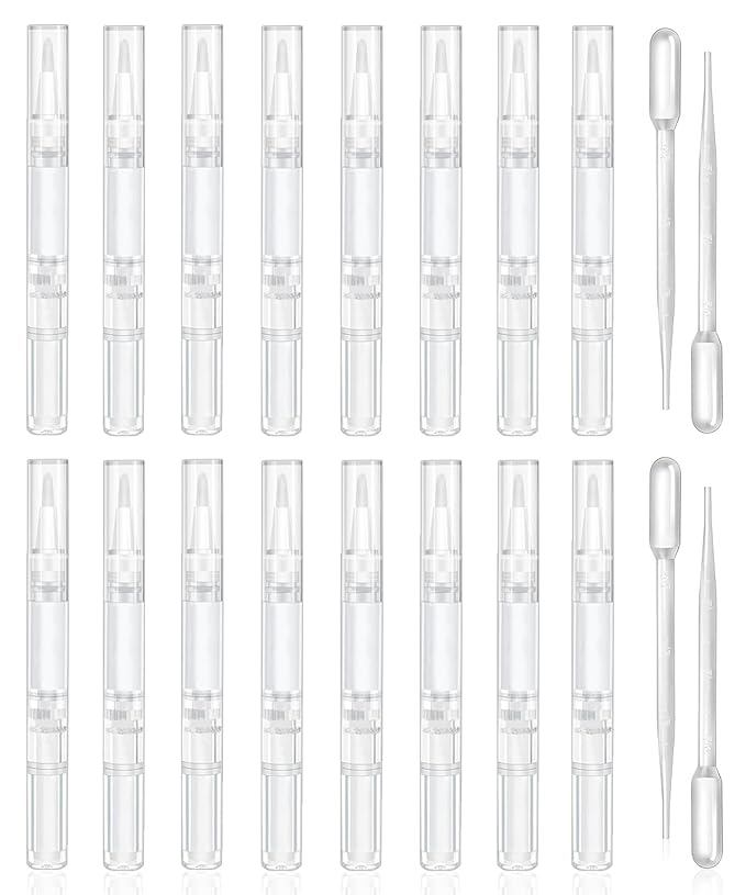 16 Pcs 3ml Empty Cuticle Oil Pen with 4 Pcs Transfer Pipettes - Transparent Nail Oil Twist Pens with Brush Tip for Nail Oil, Eyelash Growth Liquid, Cosmetic Lip Gloss Container Applicators