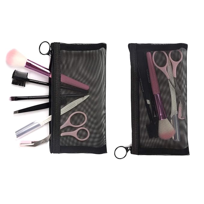 Patu Zipper Mesh Bags, Pack of 5 (XS/S/M/L & Long Pouch), Beauty Makeup Cosmetic Accessories Organizer, Travel Toiletry Kit Set Storage Case, Black