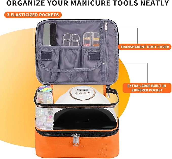 Clear Nail Polish Organizer, Double-Layer Nail Polish Bag Organizer Case Holds 30 Bottles and Nail Dryer, Nail Organizers and Storage for Manicure Tools-Orange