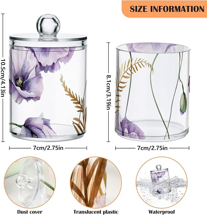 4 Pack Qtip Holder Dispenser Watercolor Flowers Purple Poppies Cotton Ball Cotton Swab Round Pads Floss Clear Bathroom Storage Containers Plastic Apothecary Jars with Lids