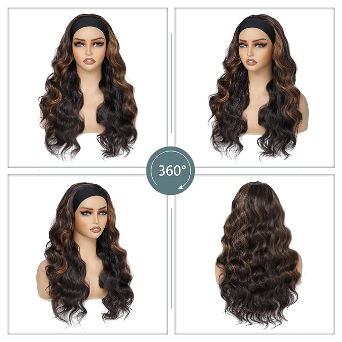 xccoco Long Wavy Headband Wig for Women Black Wigs with Brown Blonde Highlight 200% Denisty Headband Wigs Put On and Go Glueless Wig Long Synthetic Wig for Women Party Daliy Use