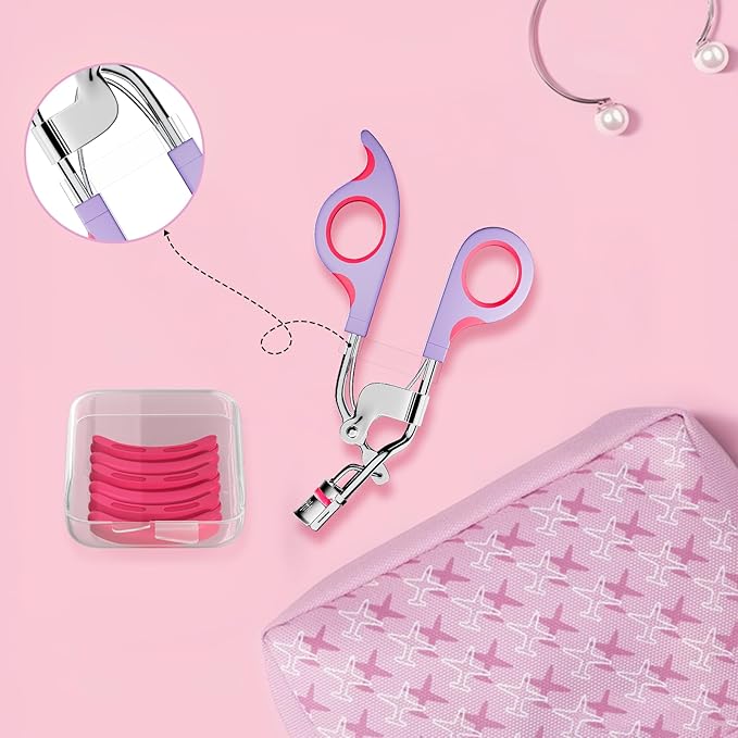 Eye Lash Curler with 6PCS Extra Replacement Pads, Superior Curling Effect Eyelash Curlers, Easy & Comfortable to Grip and Use, Perfect Gift for Her, Teenagers, Beauty Enthusiasts -Silver Purple Red