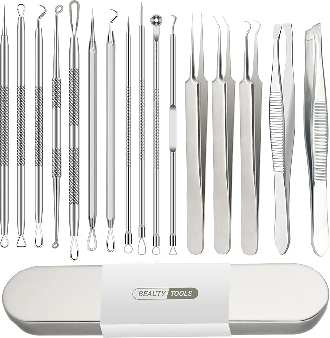 Pimple Popper Tool Kit, 16 Pcs Blackhead Remover Tools, Professional Tweezers Set Comedone Extractor Acne Tool for Zit Blemish Whitehead Cyst Eyebrows Removal, Beauty Tools for Face