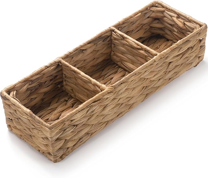 Wicker Bathroom Basket with 3 Compartments, Water Hyacinth Toilet Tank Basket, Woven Storage Box for Bathroom Organizer (16.5 x 5.5 x 3.5 inch)