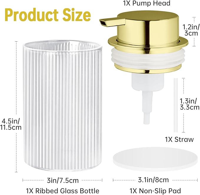 NiHome 14oz Multifunctional Glass Foaming Hand Soap Dispenser with Elegant Stripe Pattern, High-Capacity Easy to Refill for Home & Commercial Use, Advanced Foam Pump & Non-Slip Base (Gold)