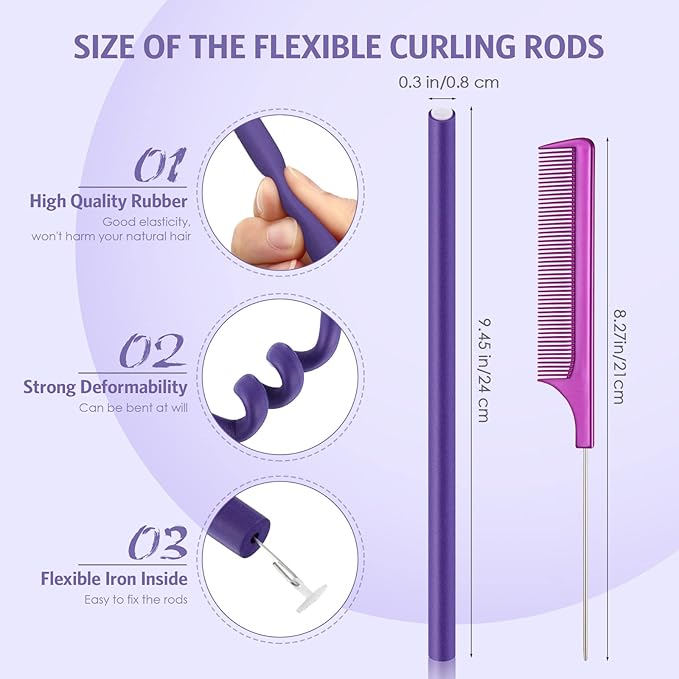 WILLBOND 60 Pieces Flexible Curling Rods Hair Curlers Rollers Twist Flexi No Heat Rods Rollers for Long Short Hair Women(0.3 x 9.5 Inch,Purple)