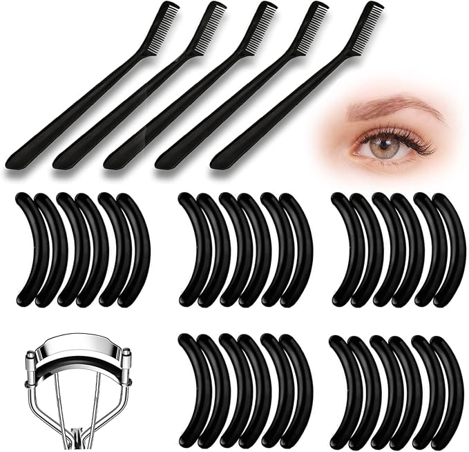 30pcs Eyelash Curler Refill Pads & 5pcs Eyelash Comb, Black Curler Refills, Silicone Rubber Universal Eye Lash Curler Replacement