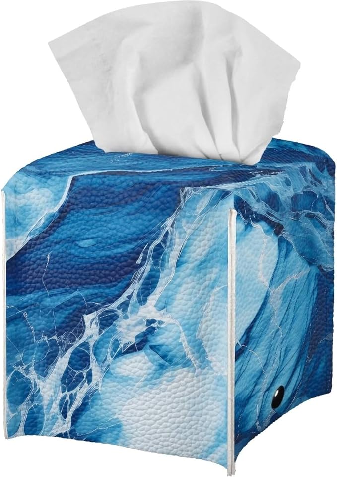 Blue Marble Tissue Box Cover Modern Square Tissue Box Organizer Decorative PU Leather Facial Paper Holder for Bathroom Vanity Countertop Bedroom Dresser Office Desk