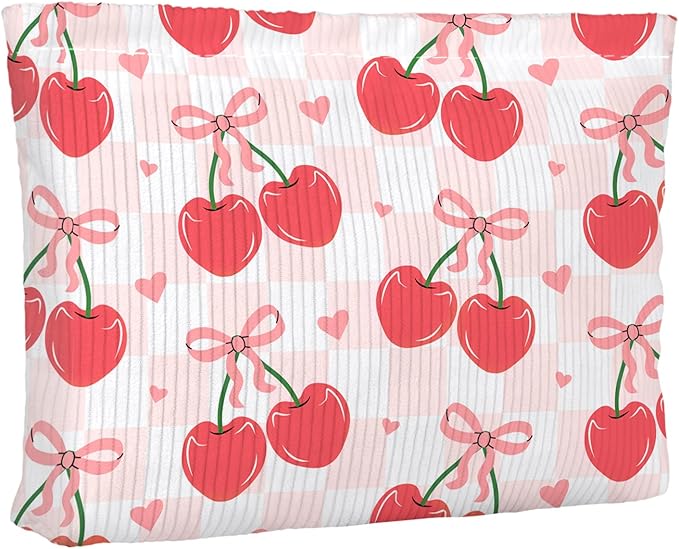 Cute Red Plaid Cherry Bow Knot Makeup Pouch for Women Small Make Up Check Cherries Bows Bag for Purse Zipper Initial Makeup Cosmetic Bags Pouches for Purse Aesthetic Travel Toiletry Bags