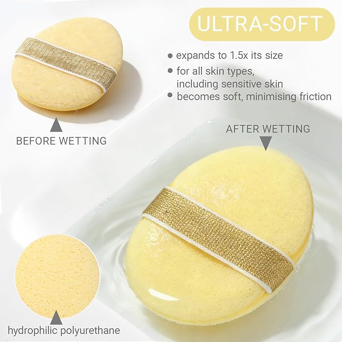 Facial Sponges for Cleansing, Exfoliating Face Sponge with Upgraded Elastic Strap, Reusable Makeup Remover Pads for Daily Wash & Gentle Exfoliating, 3-Pack Face Scrubber Oval(Blue Purple Yellow)