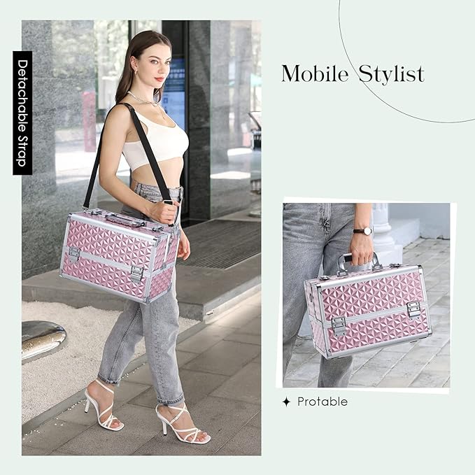 Joligrace Makeup Train Case Professional Cosmetic Organizer Aluminum Storage Box with 4 Adjustable Dividers Trays Lockable Portable with Shoulder Strap