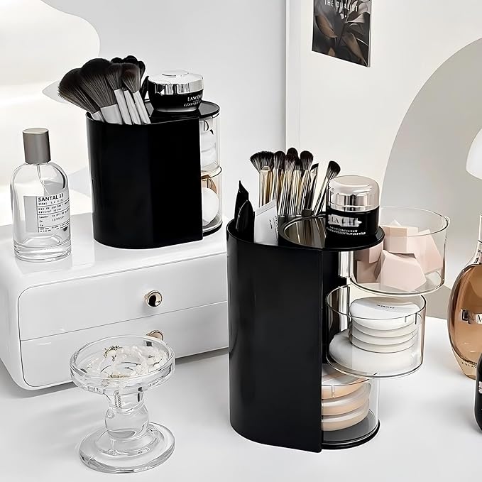 Hair Accessories Organizer with Hair Brush Holder, Rotatable Makeup Brush Holder for Necklaces, Earring, Bracelet, Ring, Makeup Brushes, Hair Clip and Hair Accessories (Black, 2-Layer)
