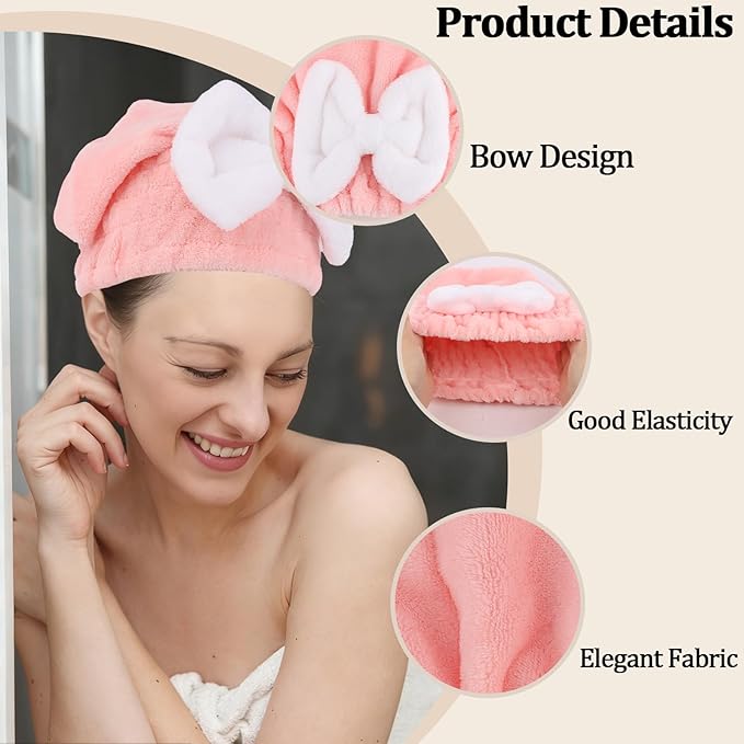 2PCS Microfiber Hair Drying Caps Hair Towel Cap Extra Soft and Ultra Absorbent Fast-Drying Hair Turban Wraps Gift for Women and Girls(Pink and Blue)