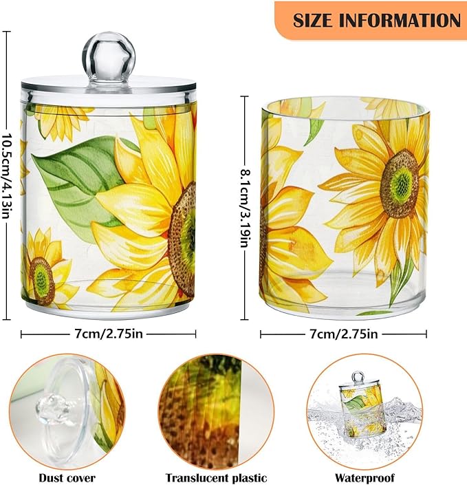 2 Pack Qtip Holder Dispenser for Cotton Ball Yellow Sunflower Flower Cotton Swab Cotton Round Pads Clear Plastic Acrylic Jar Set Bathroom Canister