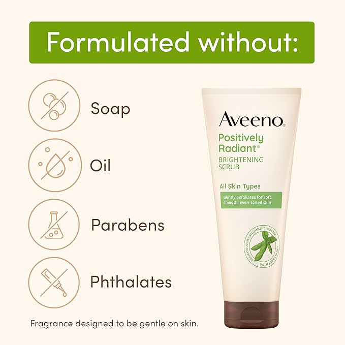 Aveeno Positively Radiant Skin Brightening Exfoliating Daily Facial Scrub,Moisture-Rich Soy Extract,helps improve skin tone & texture,Oil-& Soap-Free,Hypoallergenic,Travel Size,2 oz,(Pack of 2)