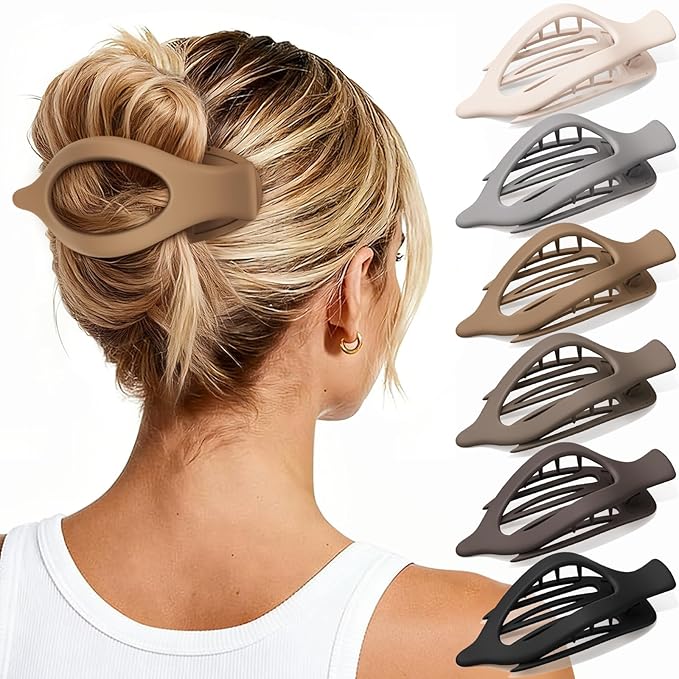 6 PCS Large Flat Hair Clips for Women Girls, French Concord Lay Down Flat Claw Clips for Thick Thin Hair, Comfortable Curved Hair Clip, Matte Non-slip Strong Hold Hair Accessories, Brown