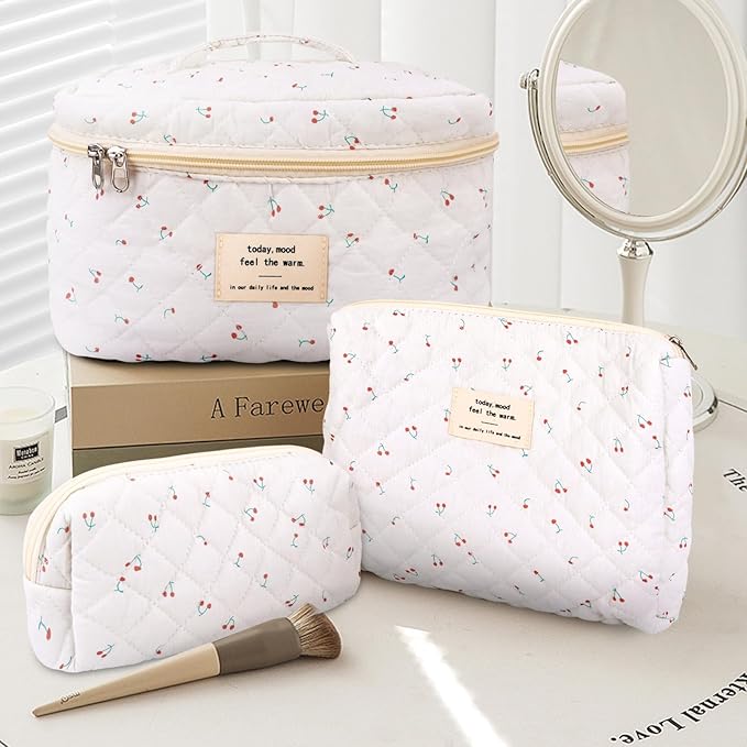 3Pcs Cotton Quilted Makeup Bag Large Travel Cosmetic Bag Coquette Makeup Pouch Cute Aesthetic Floral Toiletry Bag for Women Girls (cherry-B)