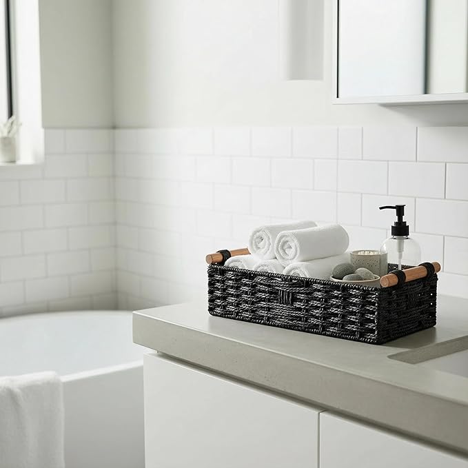 Back of Toilet Basket, Black Wicker Toilet Tank Basket for Toilet Paper Storage, Basket for Toilet Tank Top, Narrow Bathroom Organizer for Wipes & Essentials