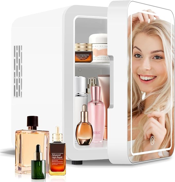 Lispin Mini Fridge for Bedroom, 4L Skincare Fridge with Dimmable LED Light Mirror for Dorm & Office, Portable Cooler & Warmer Small Compact Refrigerator for Skincare (White-4L（cold and warm）)