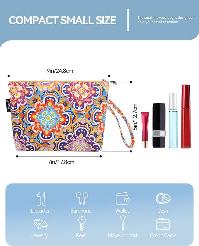 Gloppie Small Makeup Bag for Purse - Bohemian Cosmetic Bag for Women | Zipper Makeup Pouch Teacher Appreciation Gifts