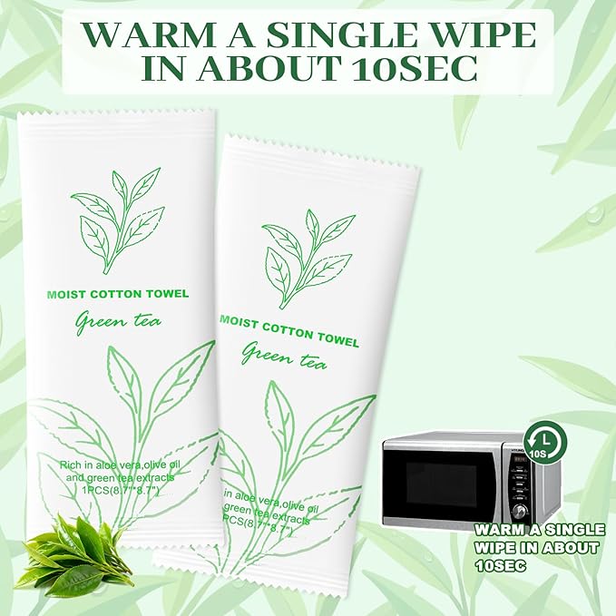 Moist Cotton Towel Bulk Moist Towelettes Individually Wrapped,White Towel Services,Refreshment Pre Moistened Towels for Dentist Travel Sport Party Hotel 100，Green tea