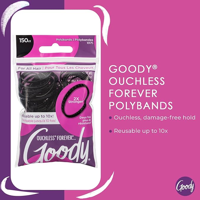 Goody Ouchless Womens Polyband Elastic Hair Tie, 150 Count, Black, Fine Hair Accessories, Style with Ease and Keep Your Hair Secured, Perfect for Fun and Unique Hairstyles, Pain-Free