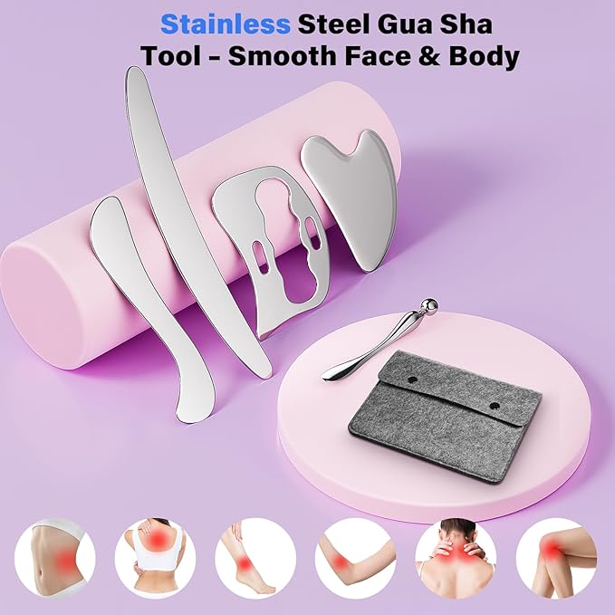 Stainless Steel Muscle Scraper Gua Sha Kit and Derma Edge Scraping Tools for Physical Therapy, Deep Tissue Guasha Massage Tool for Body and Face Relaxation (Grey-5pcs)