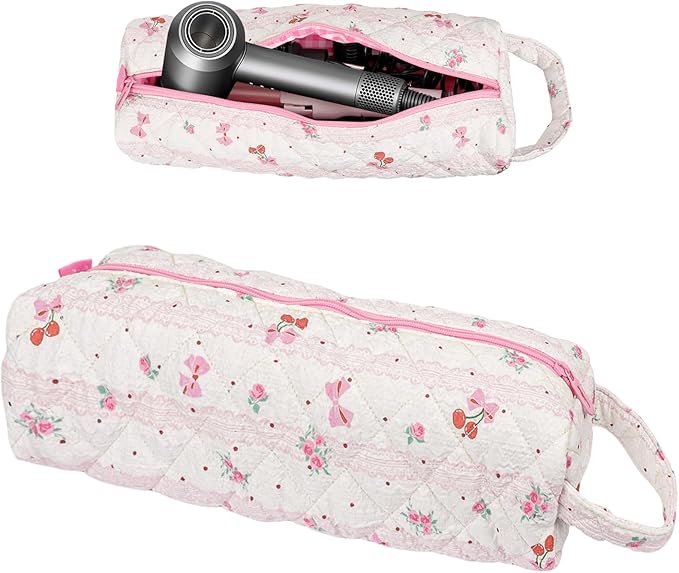 Hair Tools Organizer Bag with Cherry Pattern for Curling Irons, Flat Irons, Hair Dryers and Styling Tools, Portable Pink Travel Case, Haircare Accessories Travel Essentials(14" x 3.1" x 4.9")