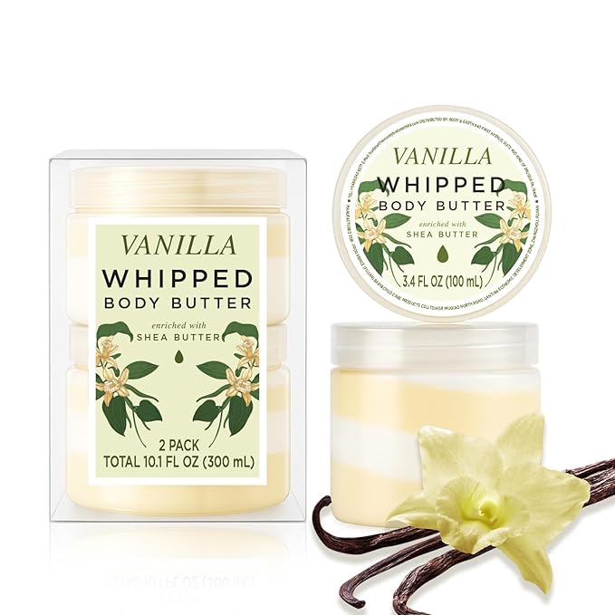 Princess Belle Vanilla Whipped Shea Body Butter, Body Moisturizer for Dry Skin, Body Care for Skin, Smell Goods for Women, Vanilla Gift Set-2 Pack (3.4floz + 6.8 floz)