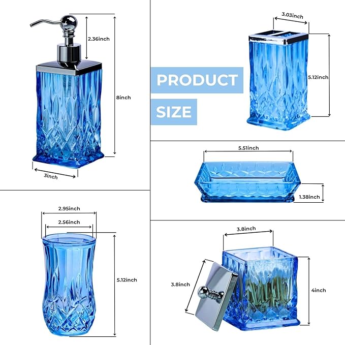 Bathroom Accessories Set,5 Pcs Blue Glass Bathroom Accessory Set,Complete Lotion Soap Dispenser, Toothbrush Holder,Soap Dish,Tumbler & Jar,Modern Bathroom Decor Sets Gift,Square