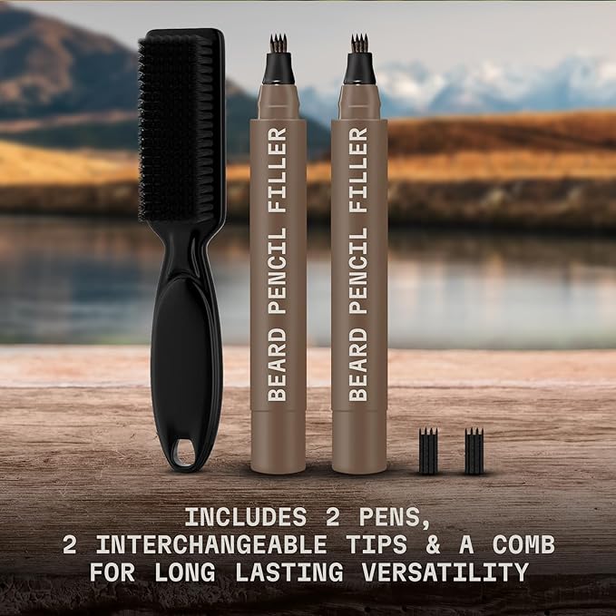 Striking Viking 2 Pack Beard Pencil Filler for Men, Grey Brown (Grey) - Contour, Fill, & Define Your Beard with 3rd Generation Long Lasting Waterproof Beard Pen Kit Including Brush