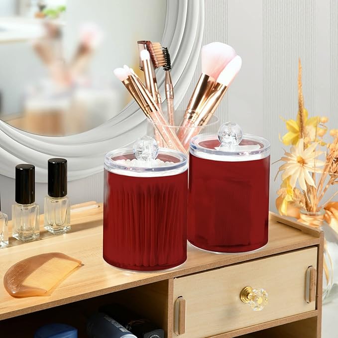 Fire Brick Qtip Holder Organizer Dispenser Cotton Swabs Cans Plastic Jars with Lid Set 4 Pack Bathroom Storage Canister for Cotton Ball Floss Cotton Pads