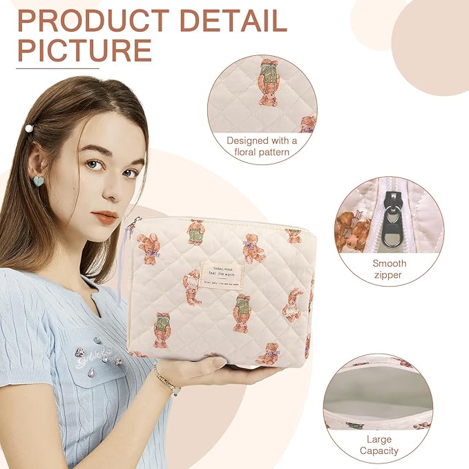Floral Makeup Bag, Small Cosmetic Bag for Women Girls, Cute Cotton Makeup Bag, Quilted Makeup Bags, Flower Travel Toiletry Organizer Bag (White Bear)