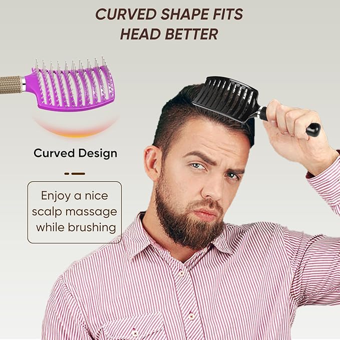 2 Pack Curved Vented Detangling Brush for Wet and Dry Hair, Paddle Styling Hair Brush for Faster Blow Drying, Detangler Brush for Women Men Curly Thick Hair