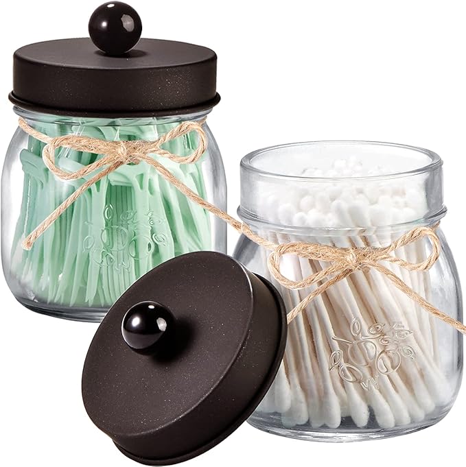 SheeChung 4 Pack Apothecary Jars with Lids, Bathroom Organizers and Storage, Qtip Holders Set, Bathroom Decor, Small Mason Jars for Q-tips, Cottons, Floss, Balls, Cotton Swabs-Bronze