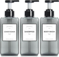 Soap Dispenser Bottle with Pump, YACEYACE 25oz Set of 3 Clear Grey Large Capacity Soap Dispenser Bottles Set, Shampoo Dispenser Bottles with Label