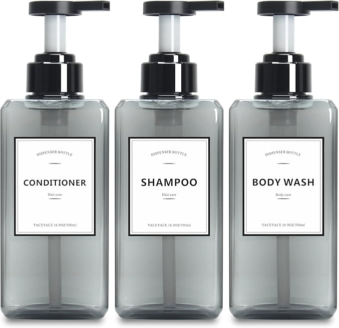 Soap Dispenser Bottle with Pump, YACEYACE 25oz Set of 3 Clear Grey Large Capacity Soap Dispenser Bottles Set, Shampoo Dispenser Bottles with Label