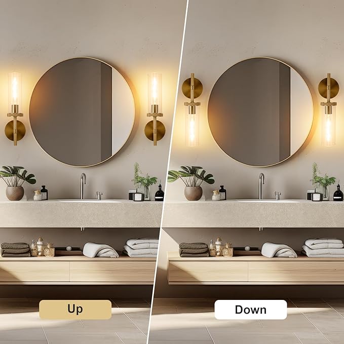 15" Knurled Gold Hardwired Wall Sconces Set of 2, Bathroom Vanity Light Fixtures with Clear Glass Tube, Modern Lamp Lighting for Bedroom, Living Room, Hallway, Staircase, Mirror, Kitchen