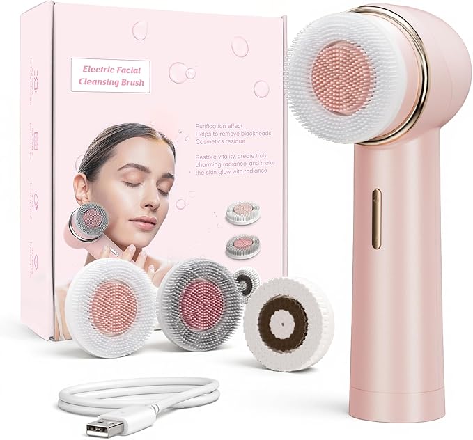 Teen Girls Electric Facial Cleansing Brush – Rechargeable Waterproof Dual Rotating Face Scrubber with 3 Interchangeable Heads, Soft Silicone Exfoliator, Perfect Skincare Gifts