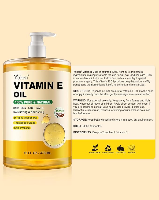 Vitamin E Oil 16 Fl Oz Vitamina E Oil for Skin Bulk Vitamine oils for Face,Cold Pressed Hexane Free Formula Liquid Perfect Care Bath and Body oils