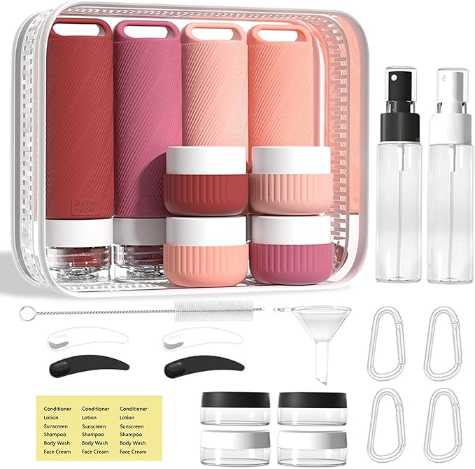 26 Pieces Travel Size Toiletries Bottles Set, Tsa Approved Leakproof Refillable Travel Bottles with Hanging hole design, Silicone Material, Suitable for Shampoo, Conditioner, and Body Lotion