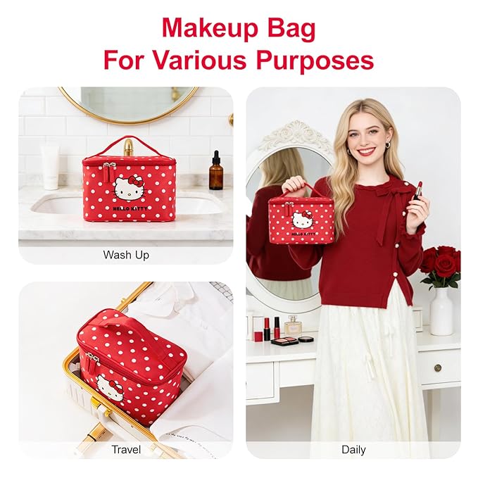 Vimanllie Large Travel Makeup Bag Cosmetic Bags with Dedicated Brush Holder, Portable Toiletry Organizer with Handle for Girl,Cute Storage for Women