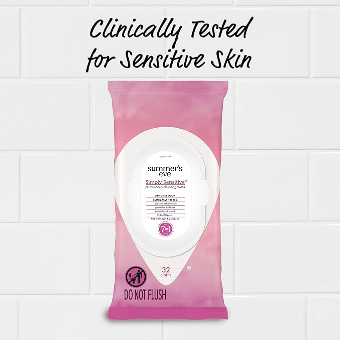 Summer's Eve Simply Sensitive Feminine Wipes, Gentle pH-Balanced Micellar Water Based Formula Helps Control Vaginal Odor, Resealable Pack, 32 Wipes, Pack of 4
