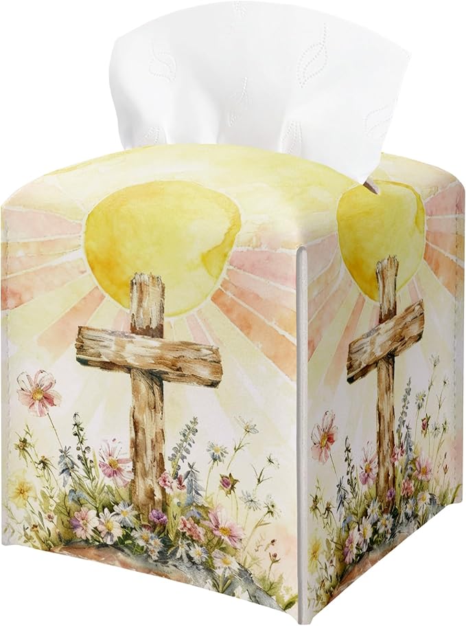 Cross and Wildflowers Tissue Box Cover Square, Religious Easter Waterproof Leather Tissue Box Holder, Cross Paper Facial Tissue Box Covers Cube for Officce Bathroom Home Prayer Room