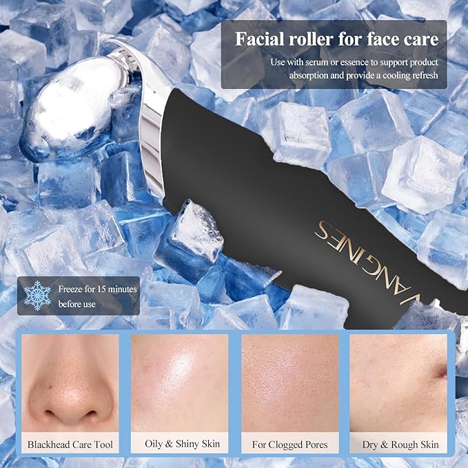 3-in-1 Blackhead Remover Tool with Ice Roller & 2 Silicone Brush Heads - Pore Cleaning Face Spatula, Stainless Steel Skin Scraper for Nose, T-Zone Deep Cleansing (Charcoal Black)